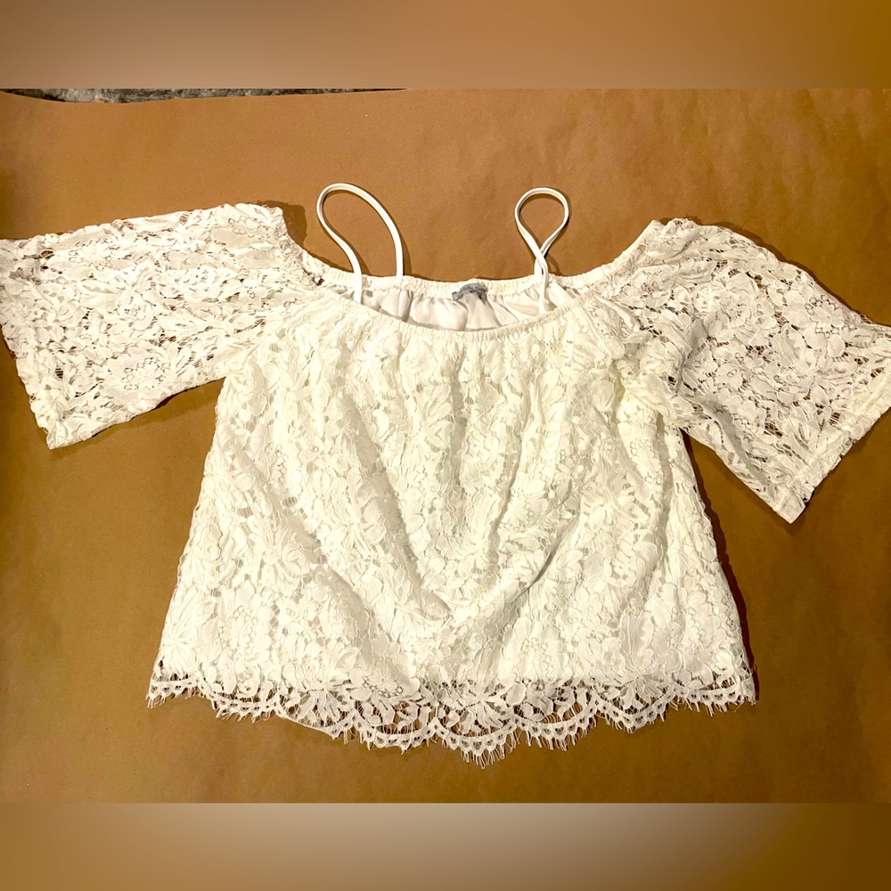 White Lace with silk under shirt off the shoulder blouse.